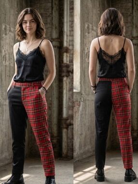 Hot Topic Red Plaid & Black Split Leg Skinny Pants - Medium